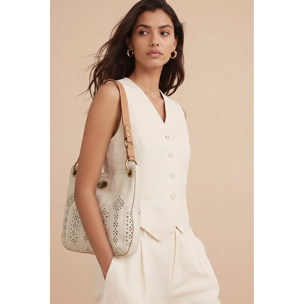 Fossil Off White Perforated Leather Hobo Shoulder Bag Brass Hardware Boho